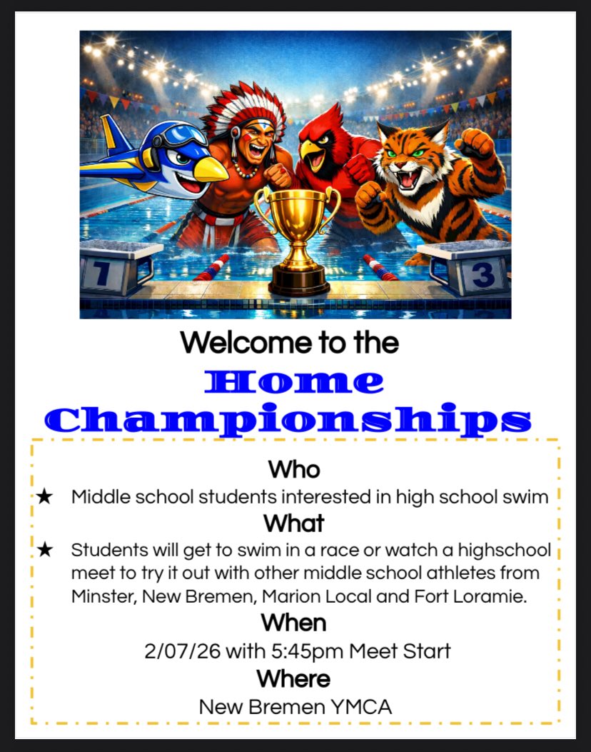 Join us for our last home meet of the season! <a href="/mlflyers_swim/">ML Flyers Swim</a> <a href="/MLFlyers_sports/">Marion Local Athletics</a> host <a href="/NewBremenSports/">New Bremen Sports</a> <a href="/MinsterAthletic/">Minster Athletics</a> and ourselves <a href="/LoramieRedskins/">Fort Loramie Redskins</a> this Saturday for the Home Pool Championships! JH athletes interested? Come swim an exhibition race! Details in flyer attached!