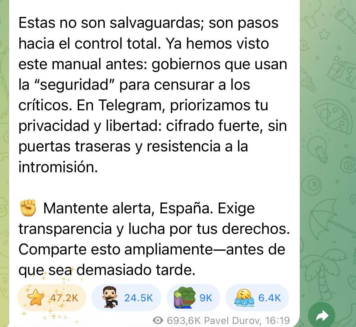 GDGC240977's tweet image. Cuando ves a los tecno-millonarios rabiosos contra Sánchez es que vamos por el buen camino . Primero Trump , después Musk y ahora y ahora Pavel Durov , 
El perro es mucho perro Sánchez para esta gente. 
Ni me acordaba que tenía Telegram hasta que me llegó esto…