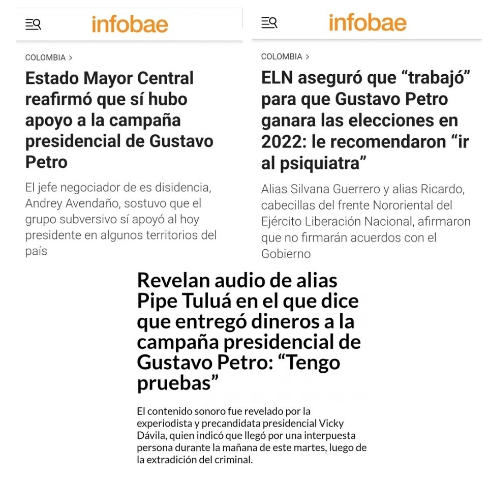 - Las FARC dicen que financiaron la campaña de Petro y nada pasa.

- El ELN dice que financió la campaña de Petro y nada pasa.

- Los narcotráficantes dicen que financiaron la campaña de Petro y nada pasa.