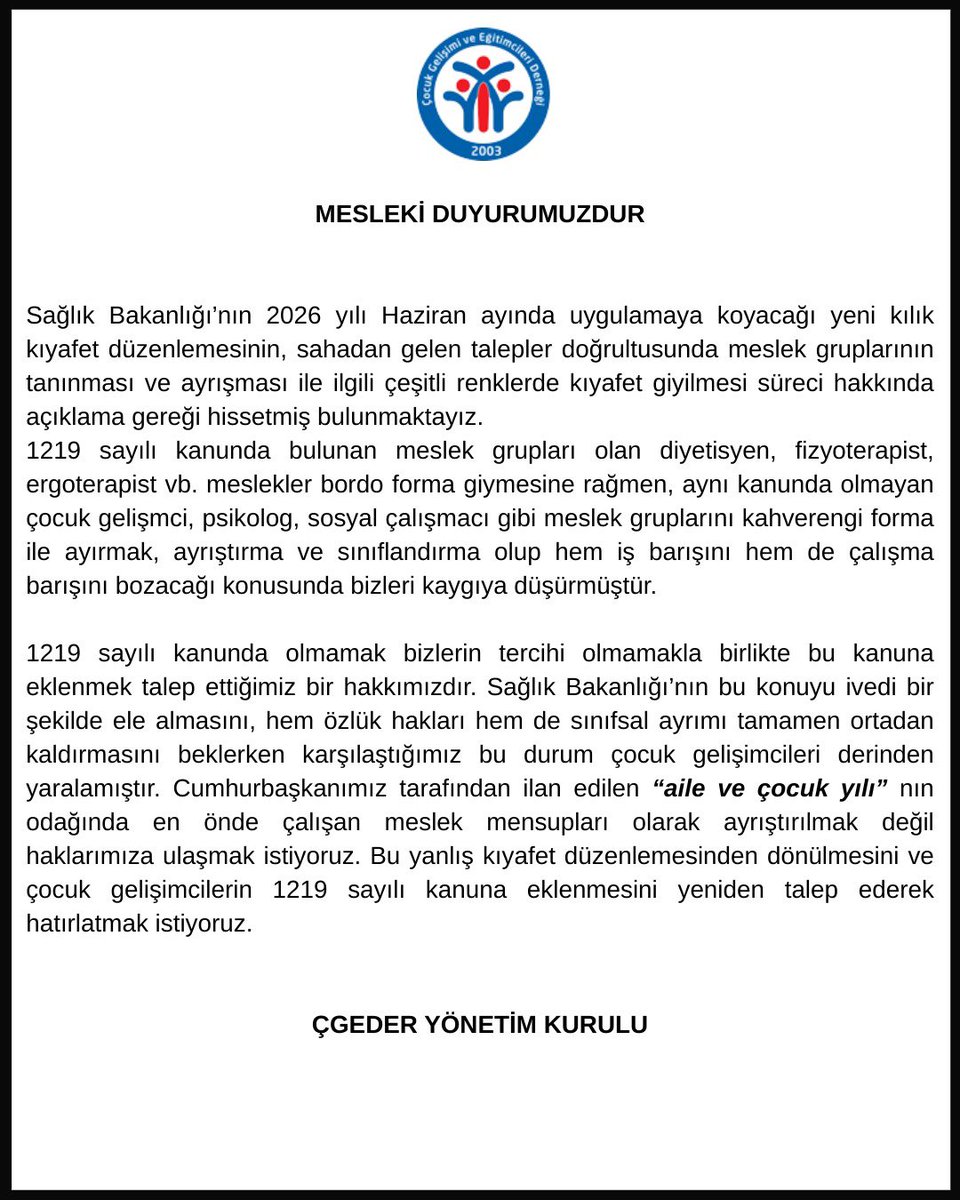 <a href="/RTErdogan/">Recep Tayyip Erdoğan</a> 
<a href="/suayipbirinci/">Doç. Dr. Şuayıp Birinci</a> 
<a href="/TBMMresmi/">TBMM</a> 
<a href="/saglikbakanligi/">T.C. Sağlık Bakanlığı</a> 
<a href="/drmemisoglu/">Prof. Dr. Kemal Memişoğlu</a> 
<a href="/iletisim/">T.C. İletişim Başkanlığı</a> 

#cocukgelisimciler1219sayılıkanundayeralmakistiyor
