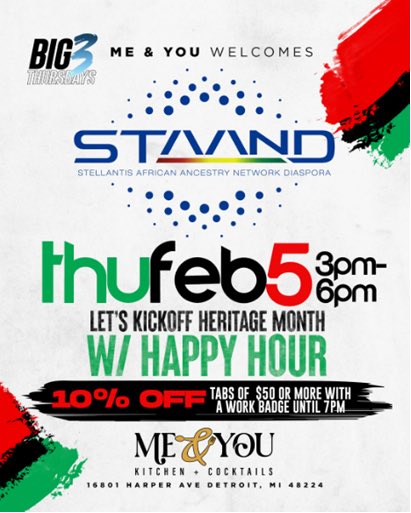 UAWLocal1264's tweet photo. Kicking off Heritage Month with STAND.
Thursday, Feb 5 | 3–6 PM
Me &amp; You Kitchen + Cocktails

Community, culture, and connection.
10% off tabs $50+ with work badge. https://t.co/cOQiGzd8ci