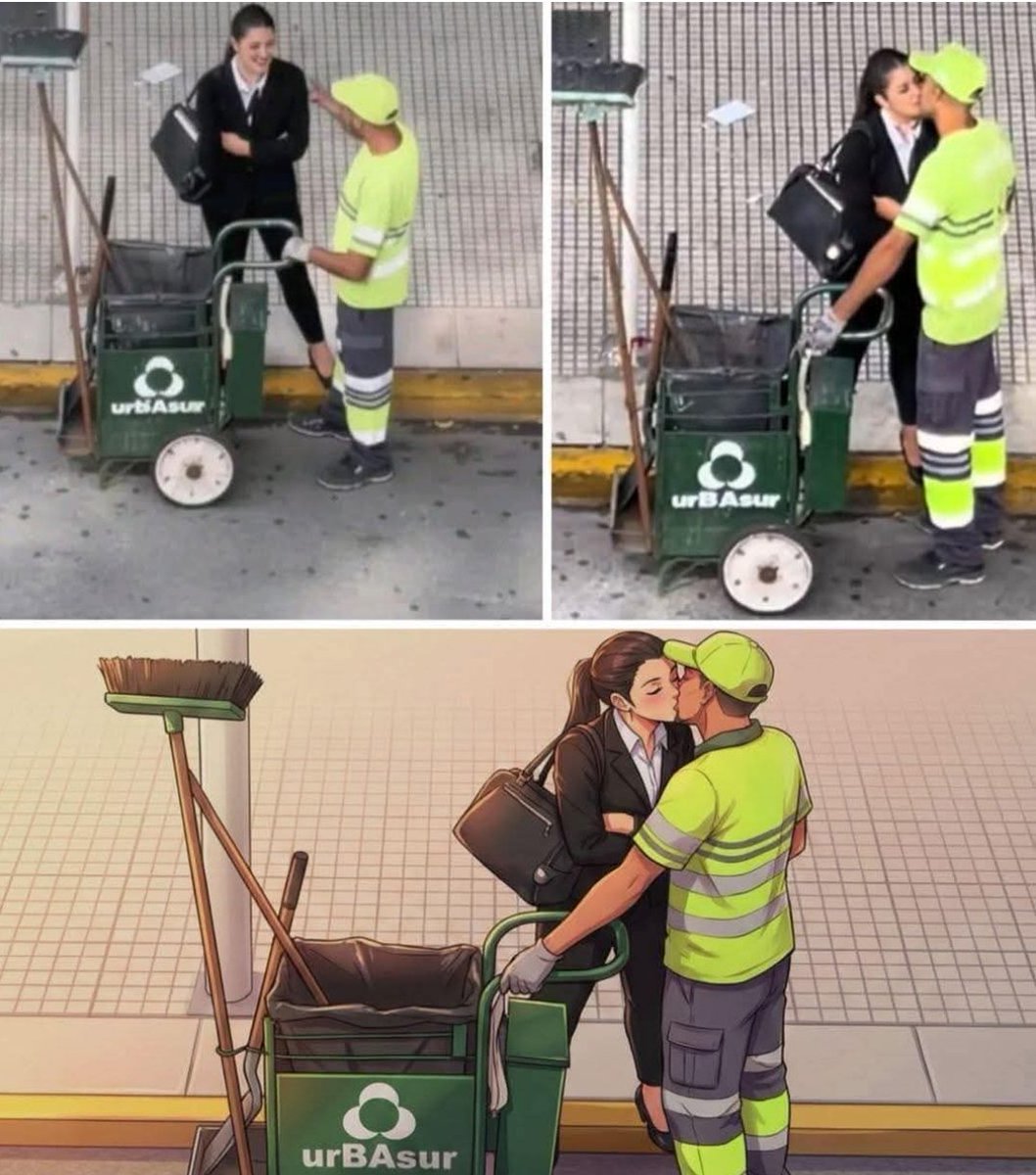 DiegoRoyet29's tweet image. Para el mundo, son el día y la noche. Ella con la ropa impecable de una ejecutiva; él, con el chaleco neón y las manos cansadas de barrer la ciudad.
Pero en esa esquina, las apariencias dejan de importar.
Ella no ve un uniforme de limpieza, ve al hombre que admira.
Se ríe con él…