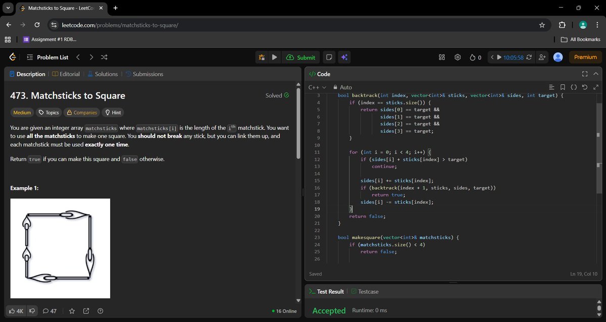 _a_m_i_t_1's tweet photo. Day 557 of #600DaysOfCode

Matchsticks to Square 
Solved using Backtracking with pruning for optimal performance. https://t.co/gqdvenqzlu