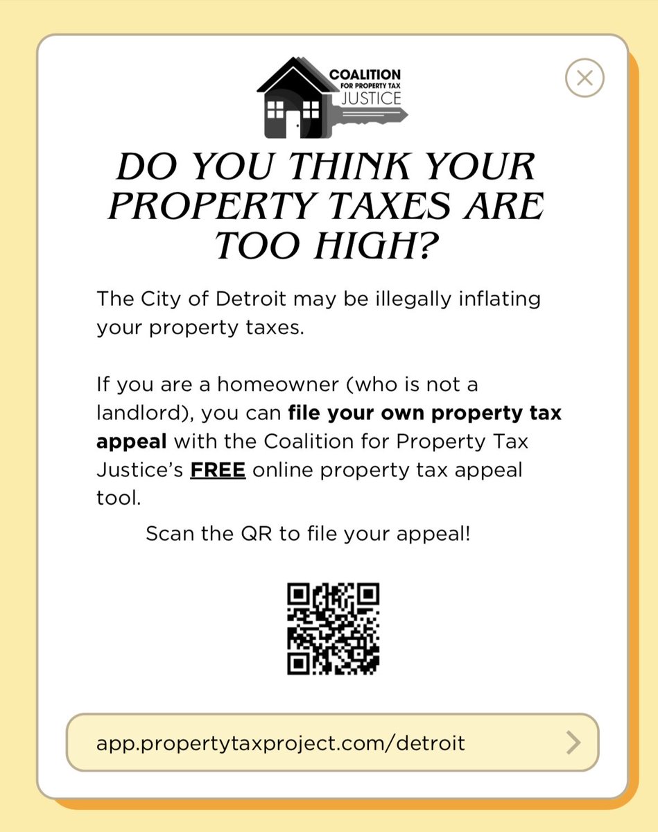 Did you know that the City of Detroit has been illegally over assessing Detroit homes?

The Coalition for Property Tax Justice is offering a FREE online property tax appeal tool: app.propertytaxproject.com/detroit 

#DetroitHousingJustice #StopTheSteal #BlackHomeownership