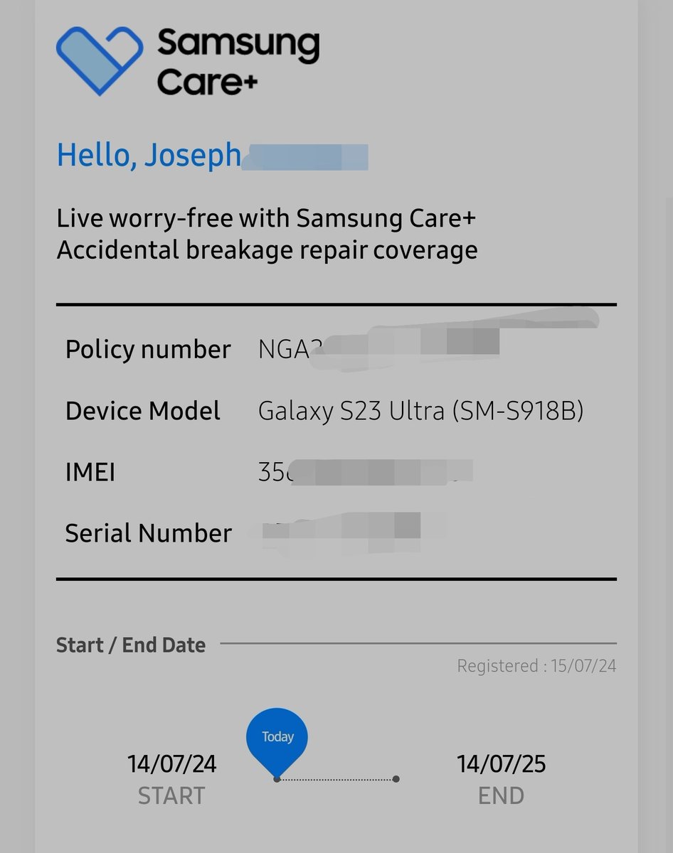 3kratosx's tweet photo. Step One: Buy a 3rd hand phone repackaged as new.
Step Two: Update the software.
Step Three: Wait 2 weeks max.
Step Four: Come to the internet and say you bought brand new from an authorized store.

Buy a brand new Samsung Galaxy from an official store and get Samsung Care+ with 1 year screen replacement  for almost free.

If the phone is really brand new from an official store, it'll show this(left image) at the settings page and tell you the days you have left to register.

Finally, it does actually happen to brand new phones too including iPhones and other brands...

Oh and my screen did eventually break and I got it fixed for 22,500 instead of 400k.