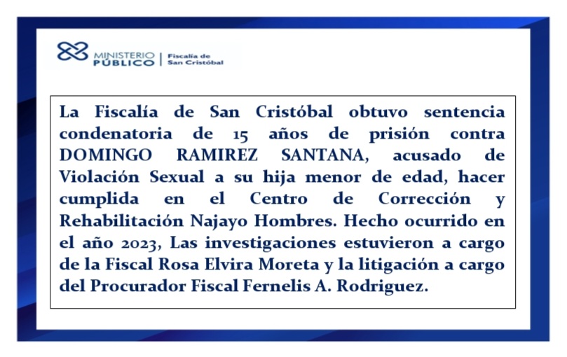 Fiscalia_SC's tweet photo. #FiscalíadeSanCristóbal obtuvo sentencia condenatoria de 15 años de prisión por Violación Sexual a menor de edad. https://t.co/cp2KNG89oB