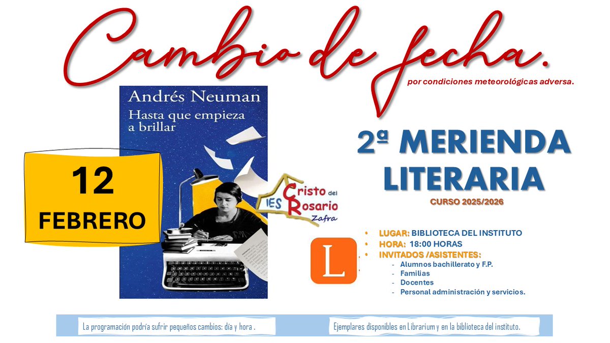 Atención 🧐 Cambiamos de fecha nuestra merienda literaria.