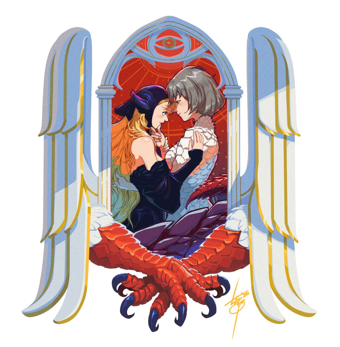 A dunmeshi fanart I made for a new enamel pin/sticker/poster design for Dark Dahlia Designs; Coming soon - instagram.com/darkdahliadesi…