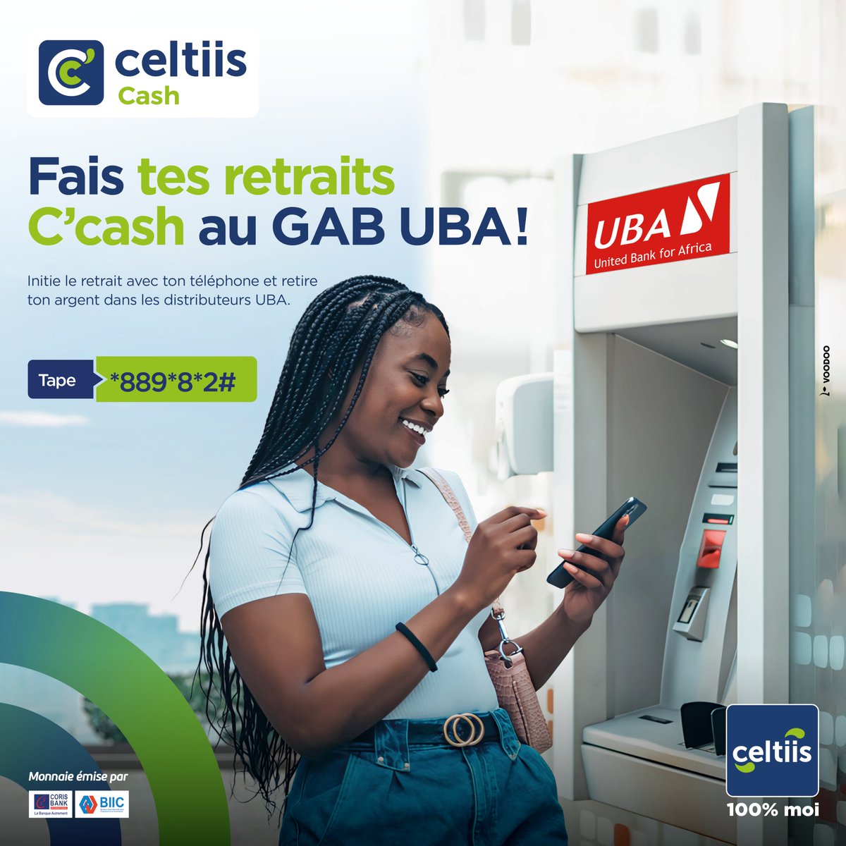 celtiisbj's tweet photo. Pas de point de retrait C’Cash à proximité ? Souris🤩… Les GAB UBA sont là!

Désormais, effectue aussi tes retraits Celtiis Cash 24h/24 aux GAB UBA.

👉Tape simplement *889*8*2# sur ton téléphone, puis rends-toi au GAB UBA pour récupérer ton argent .
#Ccash  #1erOperateurGlobal https://t.co/nTENgBXDg5