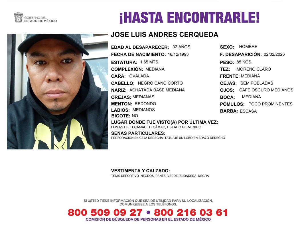 Solicitamos de tu apoyo en difusión para dar pronta localización a José Luis Andrés Cerqueda, comunícate a los teléfonos al pie del boletín. #TodosEnLaBúsqueda