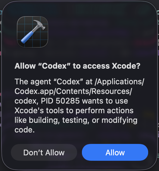 Is it expected that Codex keeps asking Xcode to use its MCP server ? (happens every 2 mins) <a href="/OpenAIDevs/">OpenAI Developers</a> <a href="/OpenAI/">OpenAI</a>