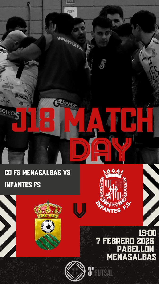 InfantesFS's tweet image. TERCERA FUTSAL RFEF 25-26  (J18)
📅 Sábado 7 Febrero 
🕒 19,00
🆚   @fsmenasalbas
🏟️ Pabellón Menasalbas