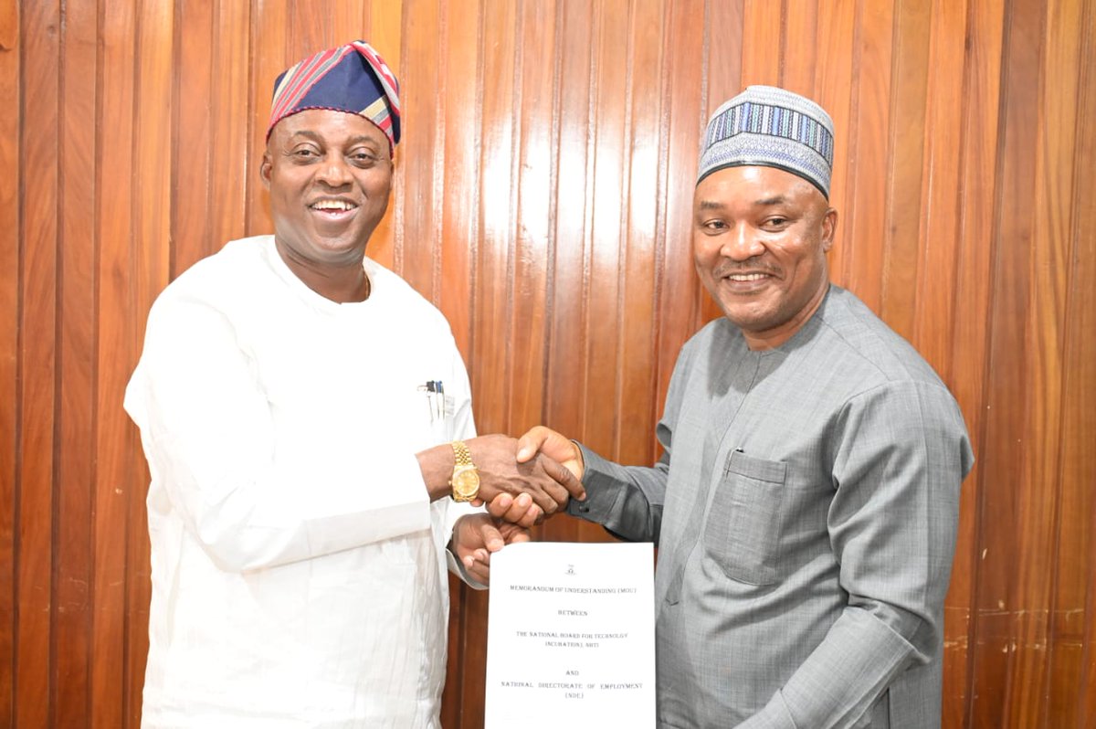 NDENigeria's tweet photo. "NDE &amp; NBTI sign MoU to boost innovation &amp; employment! 🚀 Collaboration to drive tech entrepreneurship, skills dev't &amp; job creation for Nigerian youth. Exciting times ahead! #NDE #NBTI #Innovation #Employment" https://t.co/DGcL4Ssp3D