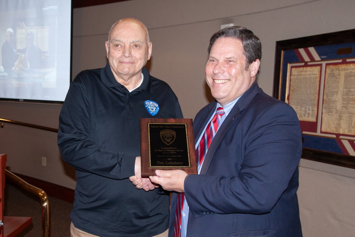 At last night’s City Council meeting, Mayor Jim Ferrell recognized long-time Federal Way Police Department volunteer Tim Lehnherr for more than 15 years of service to our community. Tim has served in a variety of roles and is one of the friendly faces welcoming visitors at City