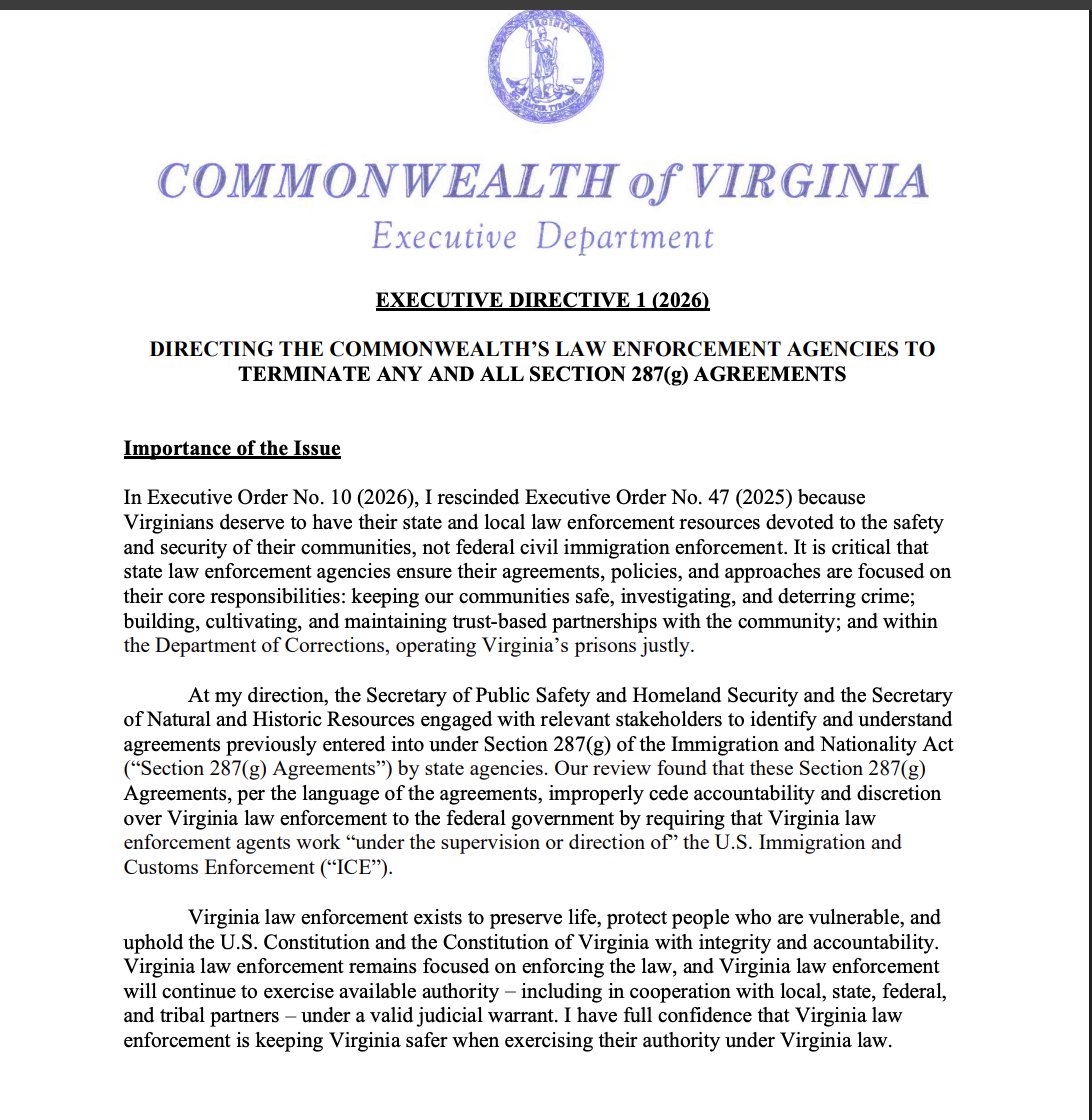 greg_price11's tweet image. 🚨 BREAKING: Abigail Spanberger just ended the Virginia State Police's 287(g) agreement with ICE-- which allowed state law enforcement and the Department of Corrections to assist in arresting criminal illegal aliens.