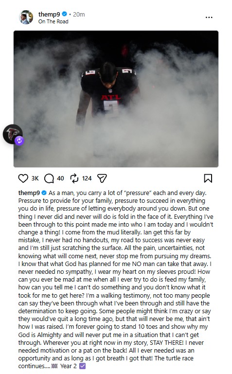 680TheFan's tweet photo. Michael Penix Jr. with a message on IG heading into Year 2 as being the Falcons starting QB: “I never did and never will fold in the face of pressure… I’m still just scratching the surface.” https://t.co/3AYTGNfJhn