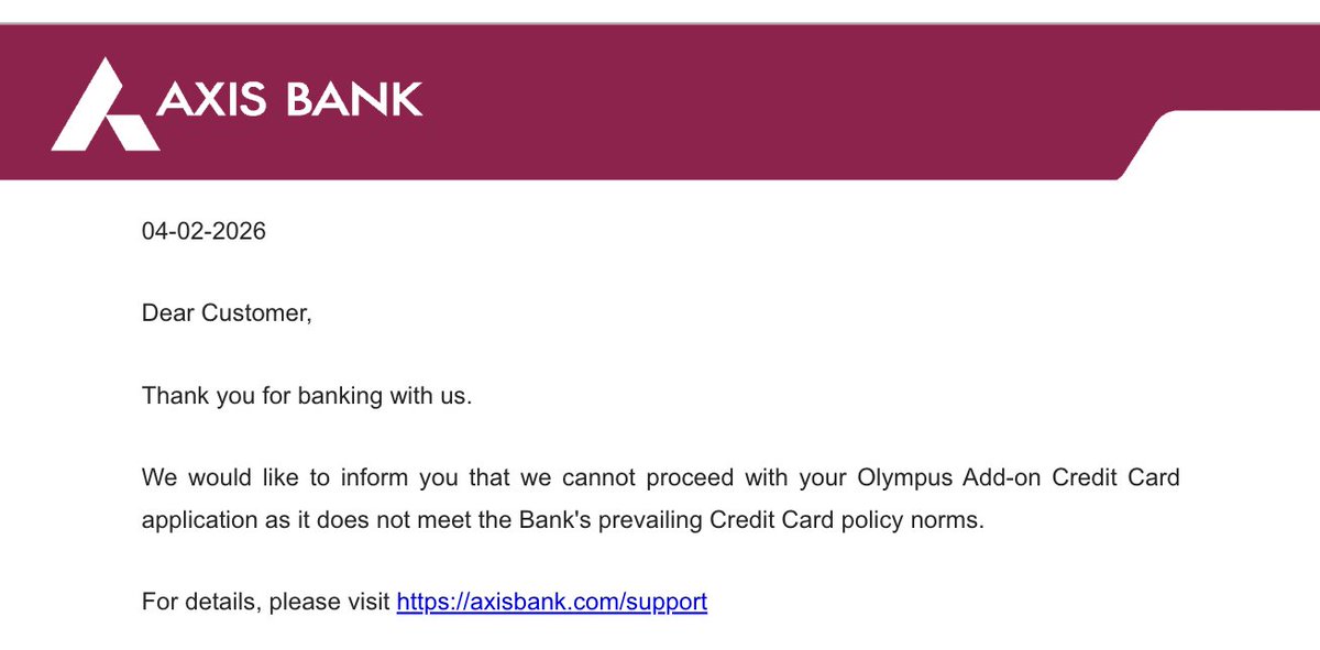 ankurmittal's tweet photo. Strange, applied for Axis Olympus/Magnus Burgundy Addon card for my sister, both got rejected instantly.  

Technically there shouldn't be any requirement for addon card holder. https://t.co/BxGgaXRFow