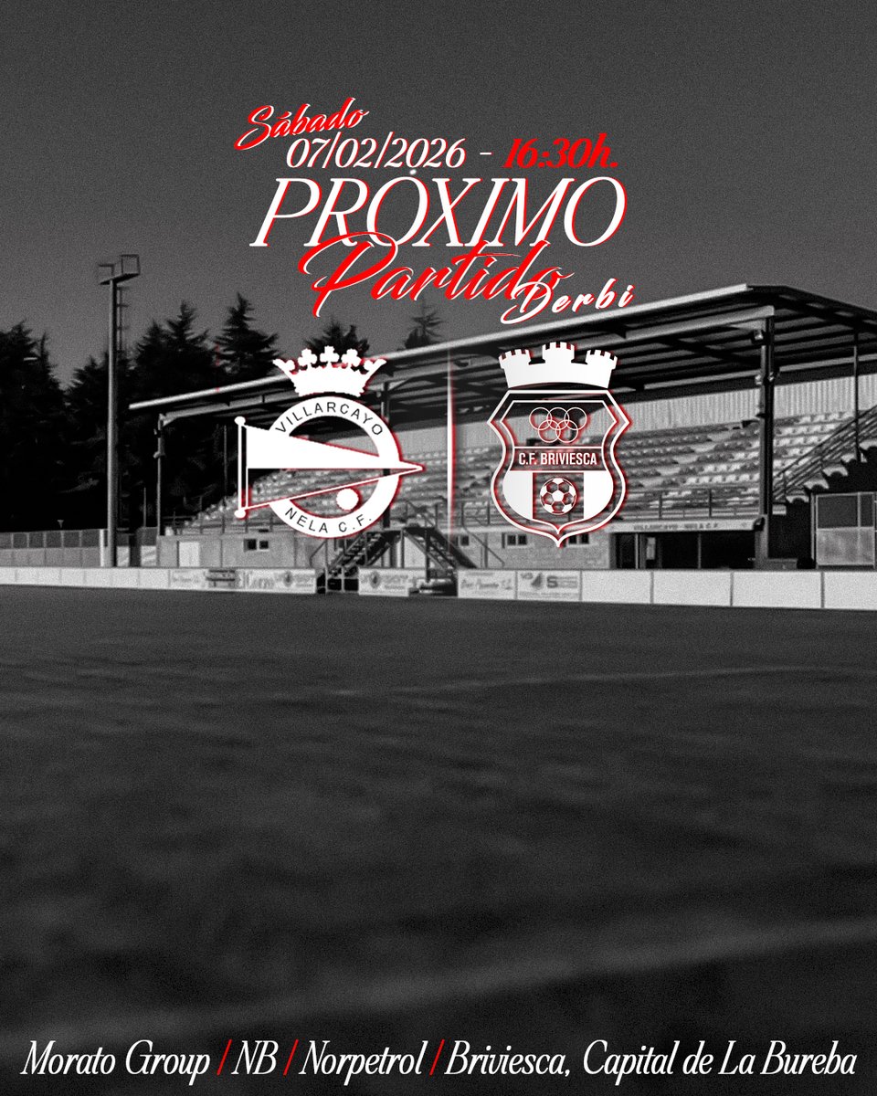 𝗣𝗥𝗢𝗫𝗜𝗠𝗢 𝗣𝗔𝗥𝗧𝗜𝗗𝗢 | 𝗗𝗘𝗥𝗕𝗜
➡️#NelaBriviesca🫶

🏆Jor.1⃣9⃣ #1ªDivisionRegional
🏟️C.M. "El Soto"
📍#Villarcayo
⚽️<a href="/Nela_CF/">Villarcayo Nela C.F.</a> 
🆚#cfbriviescamoratogroup
📆Sábado 7⃣👉1⃣6⃣:3⃣0⃣⌚️

🫶#BriviescaCapitalDeLaBureba🫶
#AupaBrivi❤️🤍#VamosRojillos
💚Un pueblo, una ilusión💚