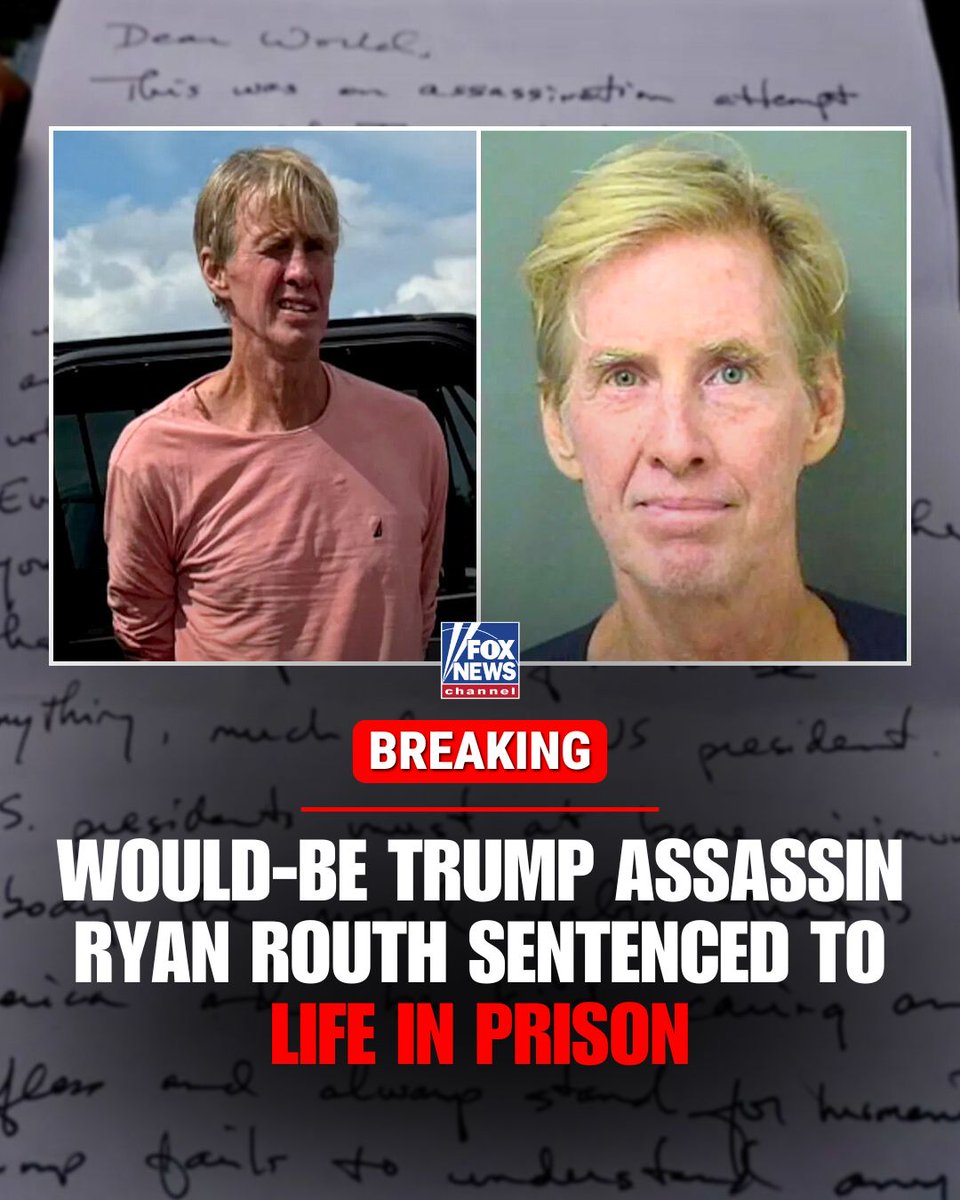 FoxNews's tweet image. BREAKING: The man who tried to assassinate then-presidential candidate Donald Trump at a Florida golf course in 2024 is sentenced to life in prison, plus seven years.

Ryan Routh was convicted last September on five federal criminal counts, including attempting to assassinate a…