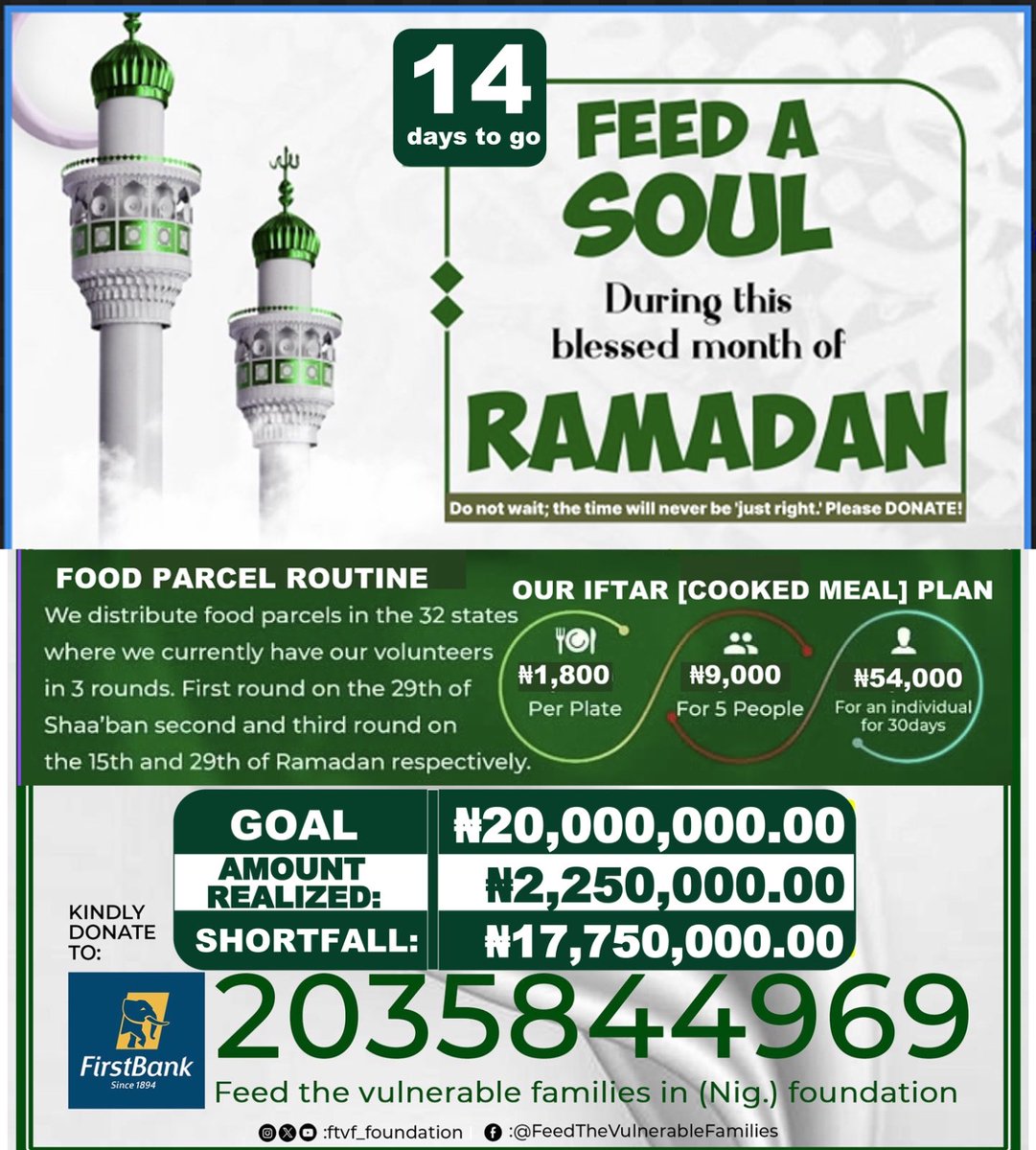 ximplirj's tweet image. Alhamdulilah, Allah [swt] kept us all sound and healthy to witness the 1st Friday of the sacred month of Sha'aban [Alahumo Baligna Ramadan]

2035844969
First Bank

Kindly donate so we would hand Iftar meals to fasting muslims or donate today so we would hand families food parcels