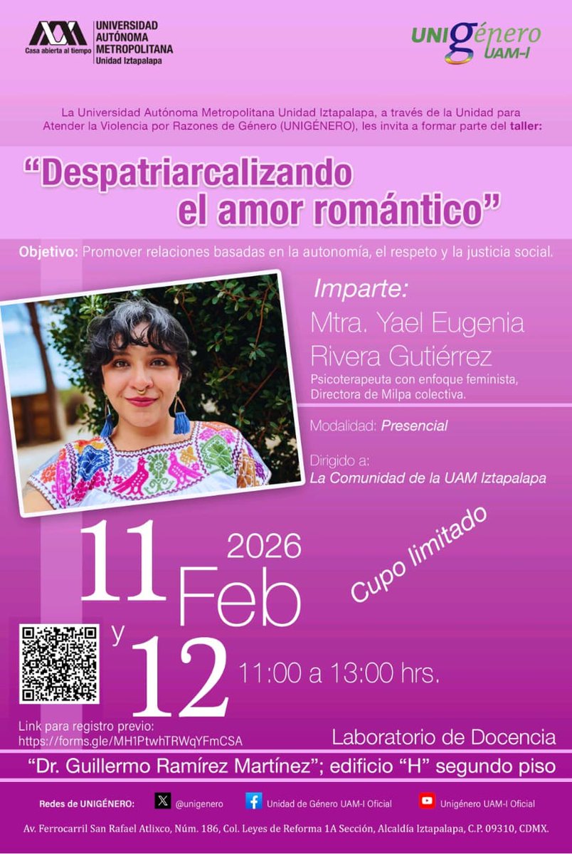 COSIB_UAMI's tweet photo. 📷📷¡Atención, comunidad UAM
Iztapalapa!📷📷

📷La UNIGÉNERO inicia el 2026 con nuestro primer taller del año:

"Despatriarcalizando el amor romántico"

#programadesexualidad #COSIB #UAMI #unigenero @seguidores https://t.co/hLZ5OTzO0l