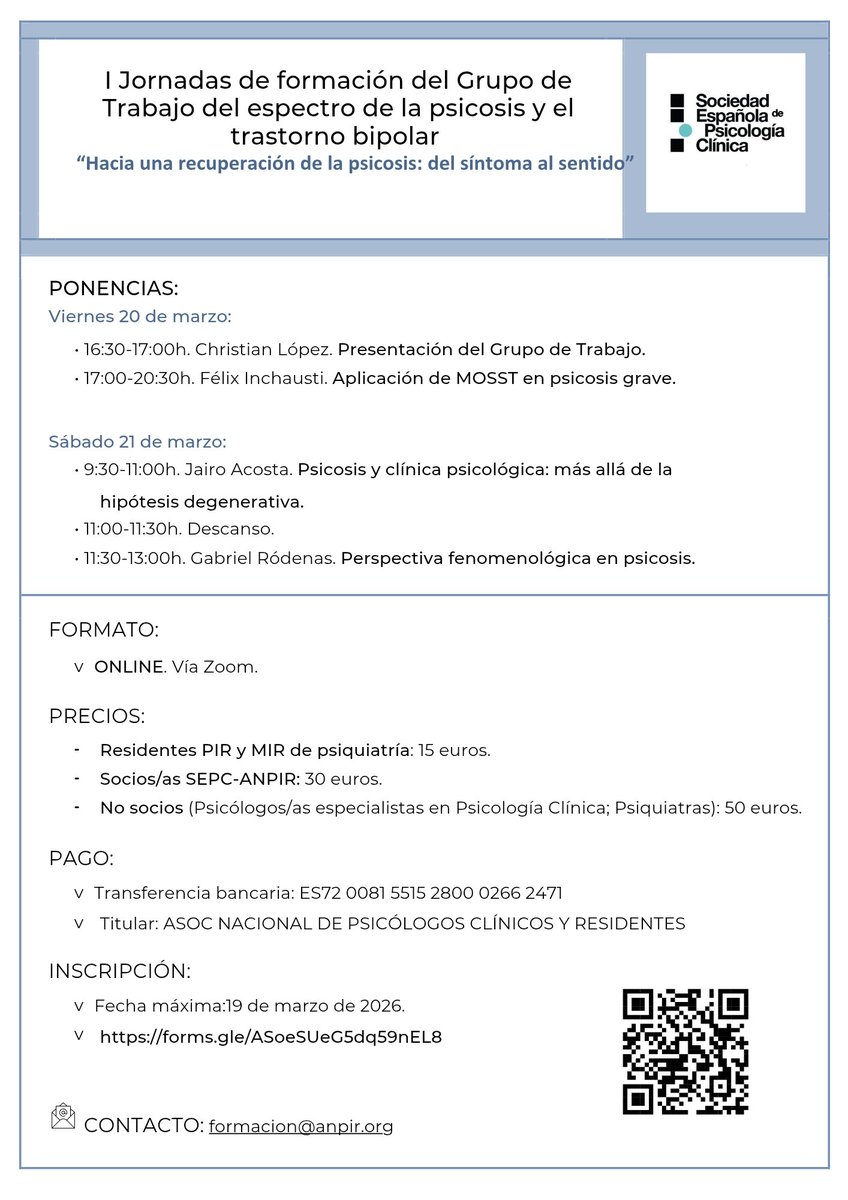 Tenemos el placer de presentar las I Jornadas de formación de nuestro Grupo de trabajo del espectro de la psicosis y el trastorno bipolar.

20 y 21 de marzo, online.

Inscripción aquí: forms.gle/ASoeSUeG5dq59n…