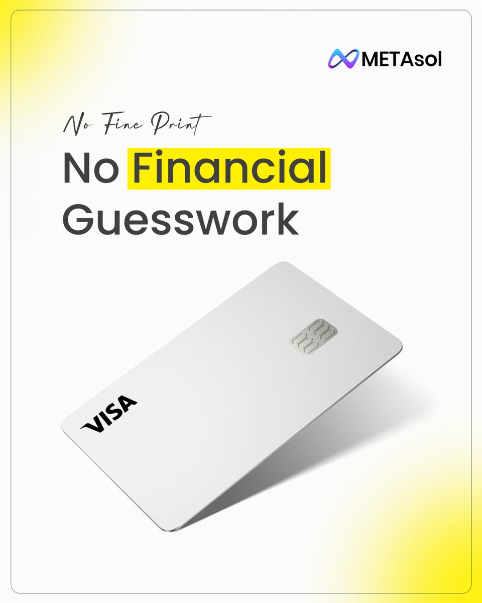 solnex25's tweet image. No fine print.
No assumptions.
Just transparent access to your funds, backed by visibility and control at every step.

Financial decisions should be informed — not guessed.

#METAsol #FinancialClarity #CryptoPayments #VisaCard #TransparentFinance #DigitalAssets #NextGenBanking