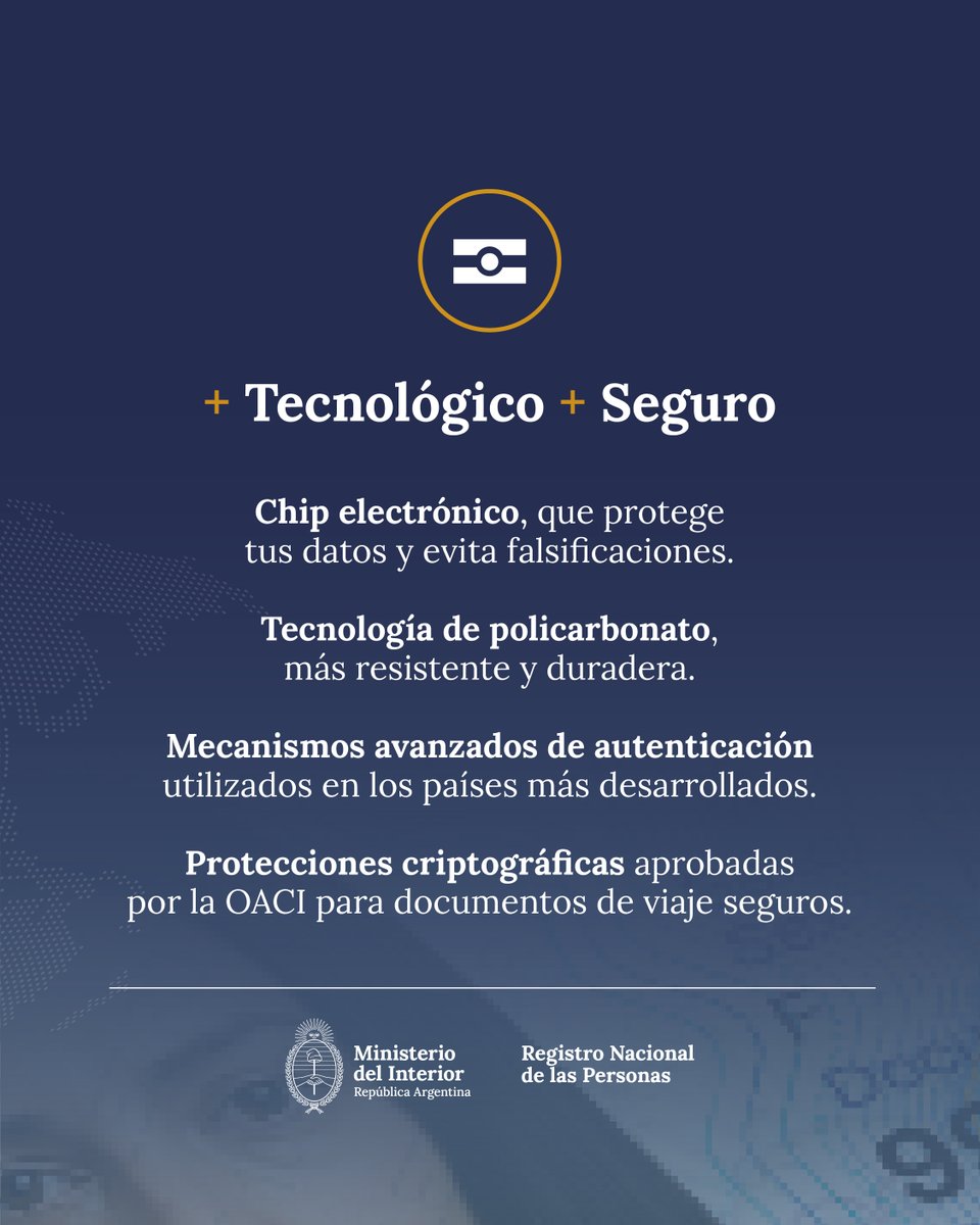 renaper_ar's tweet image. 🇦🇷Nuevo DNI Electrónico, diseñado con los estándares de seguridad más altos del mundo. No es solo una tarjeta, es tu identidad adaptada a la era digital.

🔐Seguro
🪪Tecnológico
♻️Accesible

✍️Su renovación NO es obligatoria, tu DNI sera valido hasta su fecha de vencimiento.