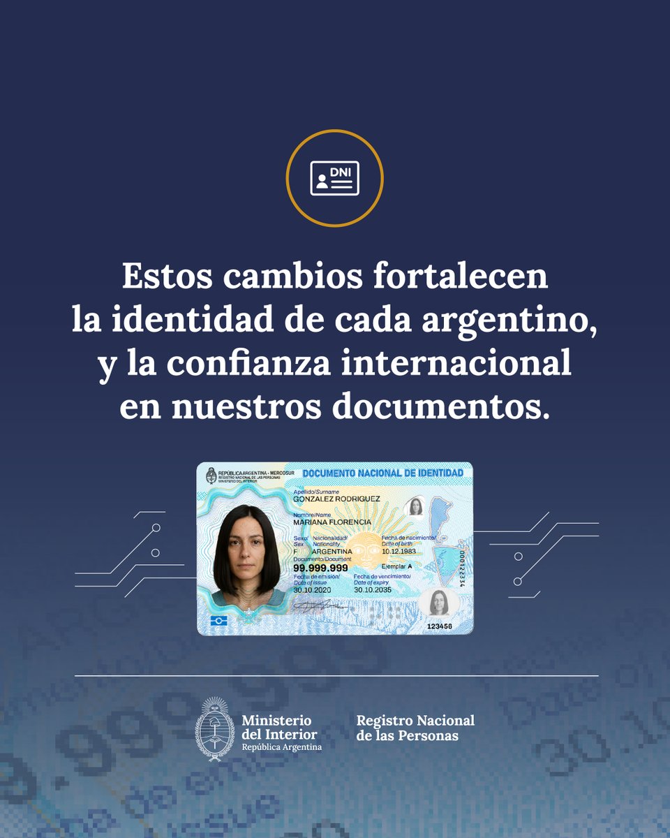 renaper_ar's tweet image. 🇦🇷Nuevo DNI Electrónico, diseñado con los estándares de seguridad más altos del mundo. No es solo una tarjeta, es tu identidad adaptada a la era digital.

🔐Seguro
🪪Tecnológico
♻️Accesible

✍️Su renovación NO es obligatoria, tu DNI sera valido hasta su fecha de vencimiento.