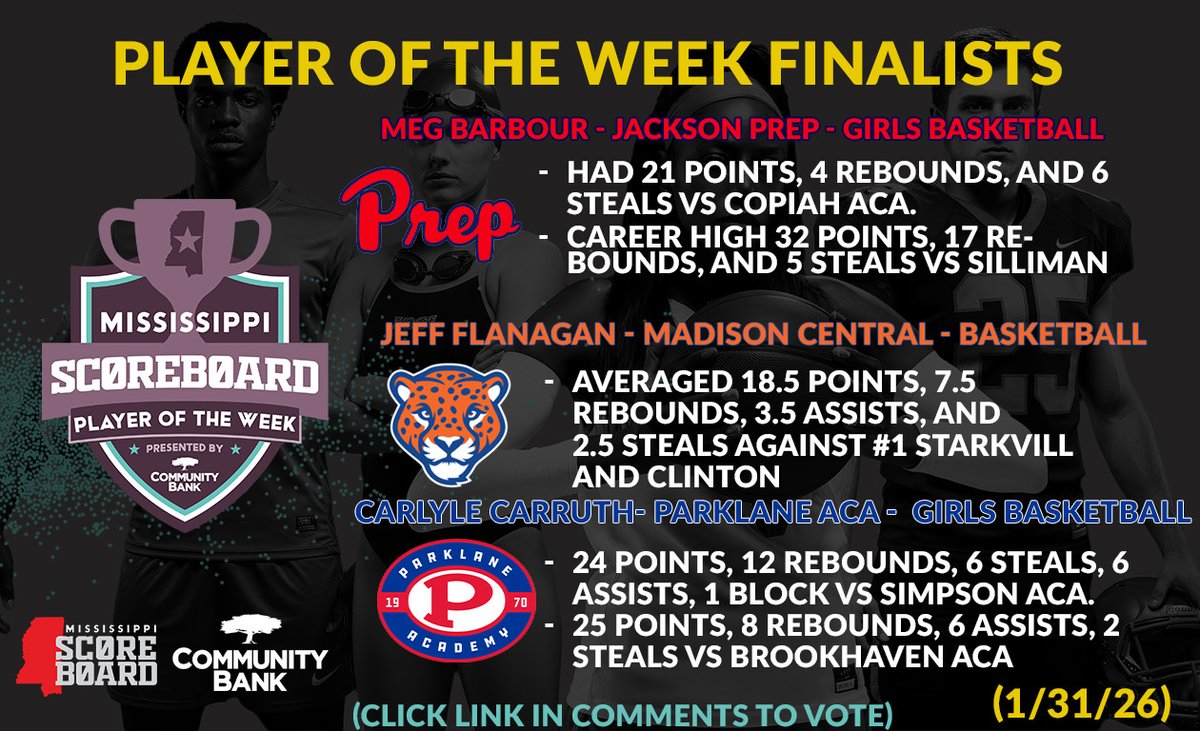msscoreboard's tweet photo. Voting is now open for top 3 finalists‼️ Closes at end of day TOMORROW!

Winner will be announced Friday, be sure to share and get those votes in! 🗳️

Click here to vote: 👇
https://t.co/Ow2yPh9mTk

@misshsaa @msais @JPGirlsBB @Parklanewbb @MCJagsBball @MCHSjags39110 @Parklane_Sports @CarlyleCarruth @megbarbour_ #playeroftheweek #highschoolsports #MississippiSports