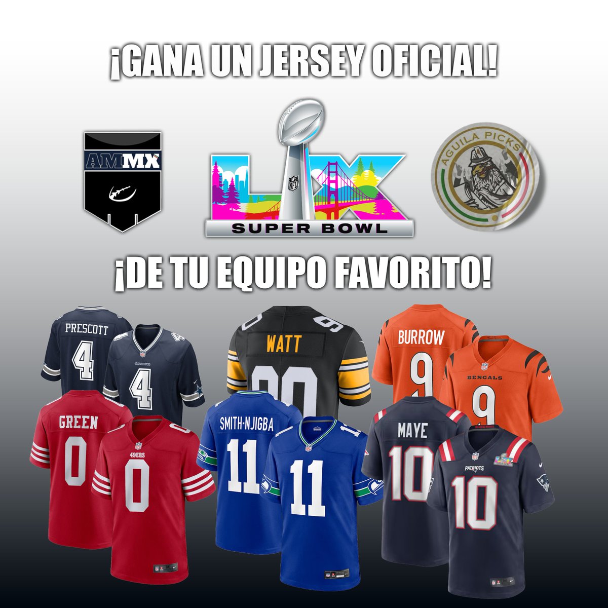 ¡¡RIFA SÚPER BOWL LX!!

Mi gente, porque ustedes lo pidieron vamos a rifar un jersey oficial del equipo de su elección para este Súper Domingo. Dinámica válida para toda la República Mexicana. Nosotros pagamos el envío.

Para participar:

1.- Debes de seguir a <a href="/AguilaPicks1/">Águila Picks</a> y
