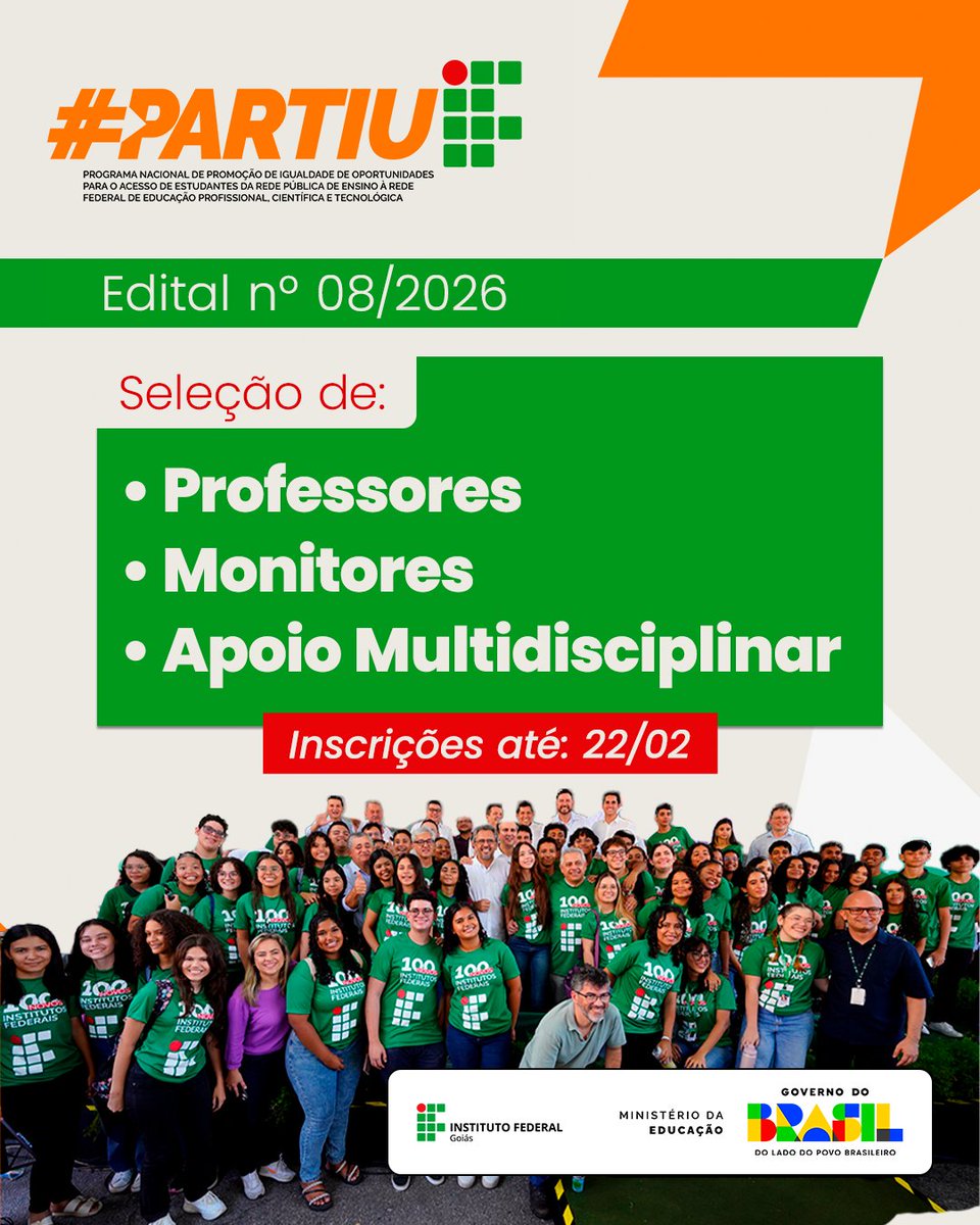 ▶ IFG está com inscrições abertas para selecionar profissionais e monitores para atuarem no Programa PartiuIF
✅ Inscrições começam nesta quarta-feira, 4, e podem ser feitas até o dia 22 de fevereiro
➕ifg.edu.br/component/cont…