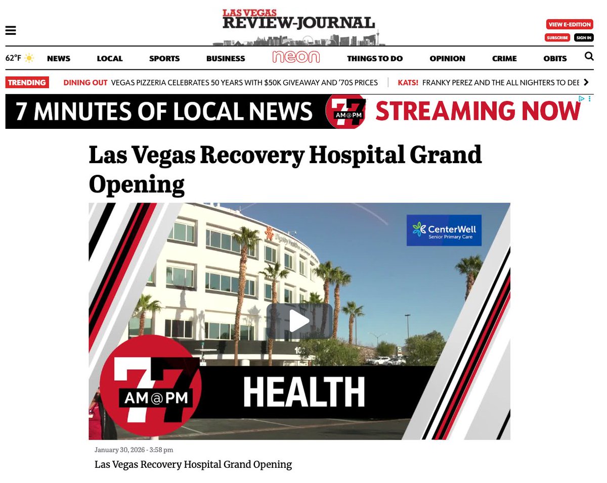 Thank you, Lena Blietz with Las Vegas Review-Journal 7@7, for joining us at Las Vegas Recovery Hospital’s grand opening last week and sharing this important milestone with the community!  reviewjournal.com/videos/las-veg…
