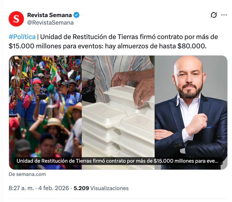 ¿Almuerzos de $80.000 pesos? En gastos absurdos se va la plata de los colombianos. La Unidad de Restitución de Tierras firmó contrato por más de $15.000 millones para eventos.

Pero plata para seguridad, vivienda, salud o educación dicen NO hay.