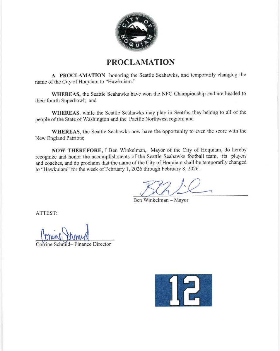 JoeVeyera's tweet image. The City of Hoquiam has temporarily changed its name to "Hawkuiam" through Feb. 8.