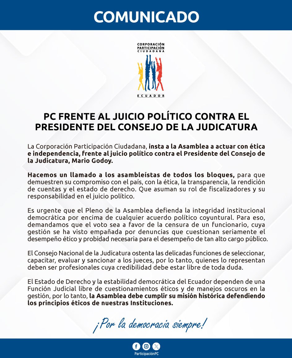 📢 #ComunicadoPC
🇪🇨  Hacemos un llamado urgente a la  Asamblea Nacional a actuar en el juicio político en contra de Mario Godoy.

📩 Lee nuestro comunicado ⤵️
bit.ly/4kl1xP9

¡Por la democracia siempre! 🇪🇨