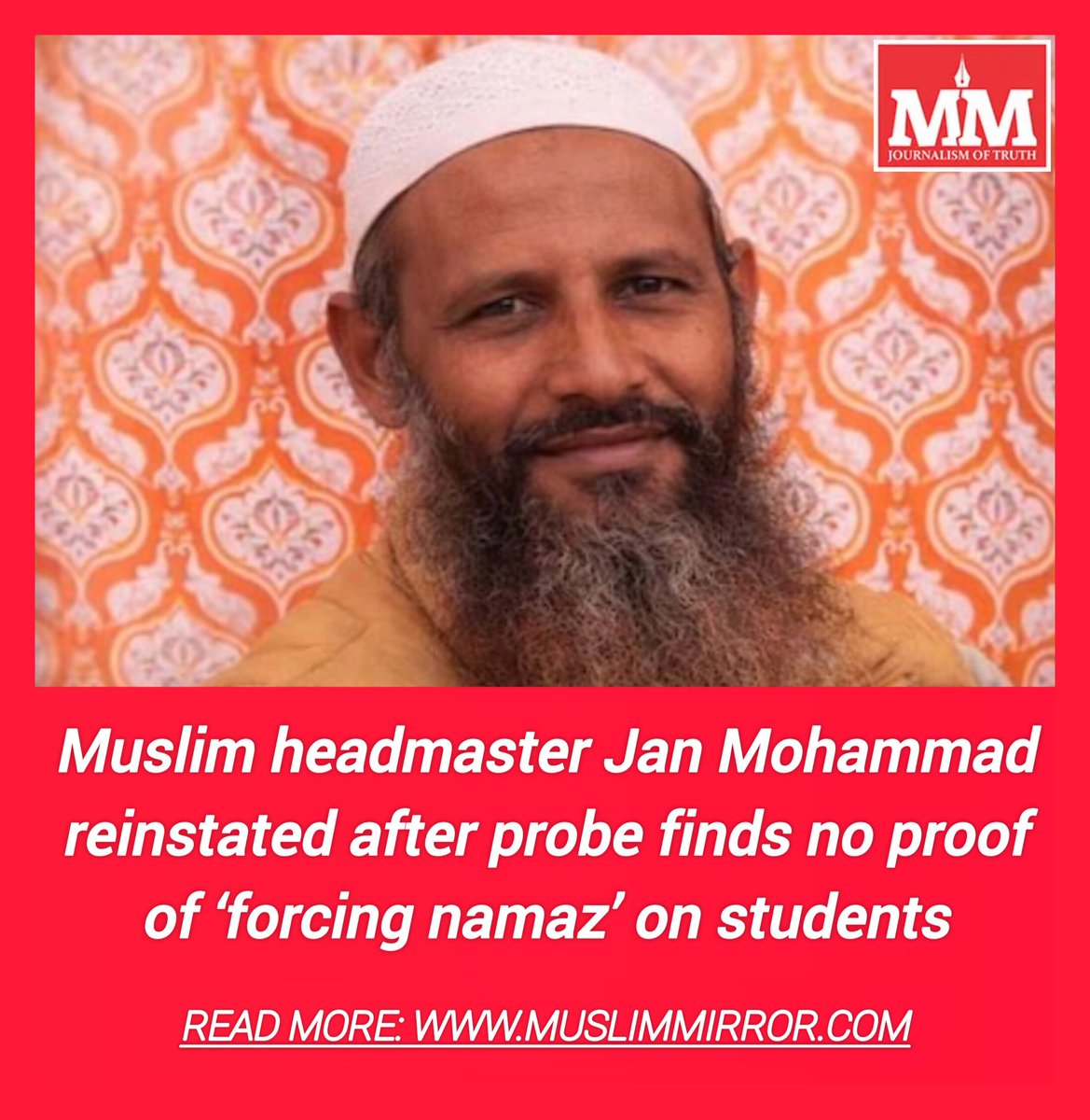 MuslimMirror's tweet photo. Muslim headmaster reinstated after probe finds no proof of ‘forcing namaz’ on students

Read more: https://t.co/IyyNdtY1B8

#MuslimTeacher, #Islamophobia, #JanMohammad, #Mathura, #BJP https://t.co/31rjwZowzN
