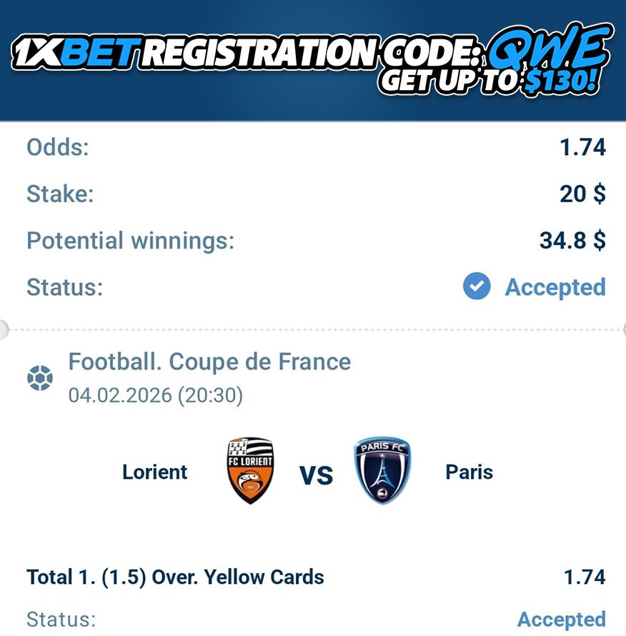 epicredcards's tweet photo. Lorient 🆚 FC Paris
Prediction:
Lorient Over 1.5 Yellow Cards 📈
Odds: 1.74❗️
Registration Promo Code (130$ bonus) = "QWE" 🎁
Registration: LINK IN MY BIO
#Betting #Gambling𝕏 #yellowcards #Lorient #LorientParis #CoupeDeFrance https://t.co/vmRKDVzXLL