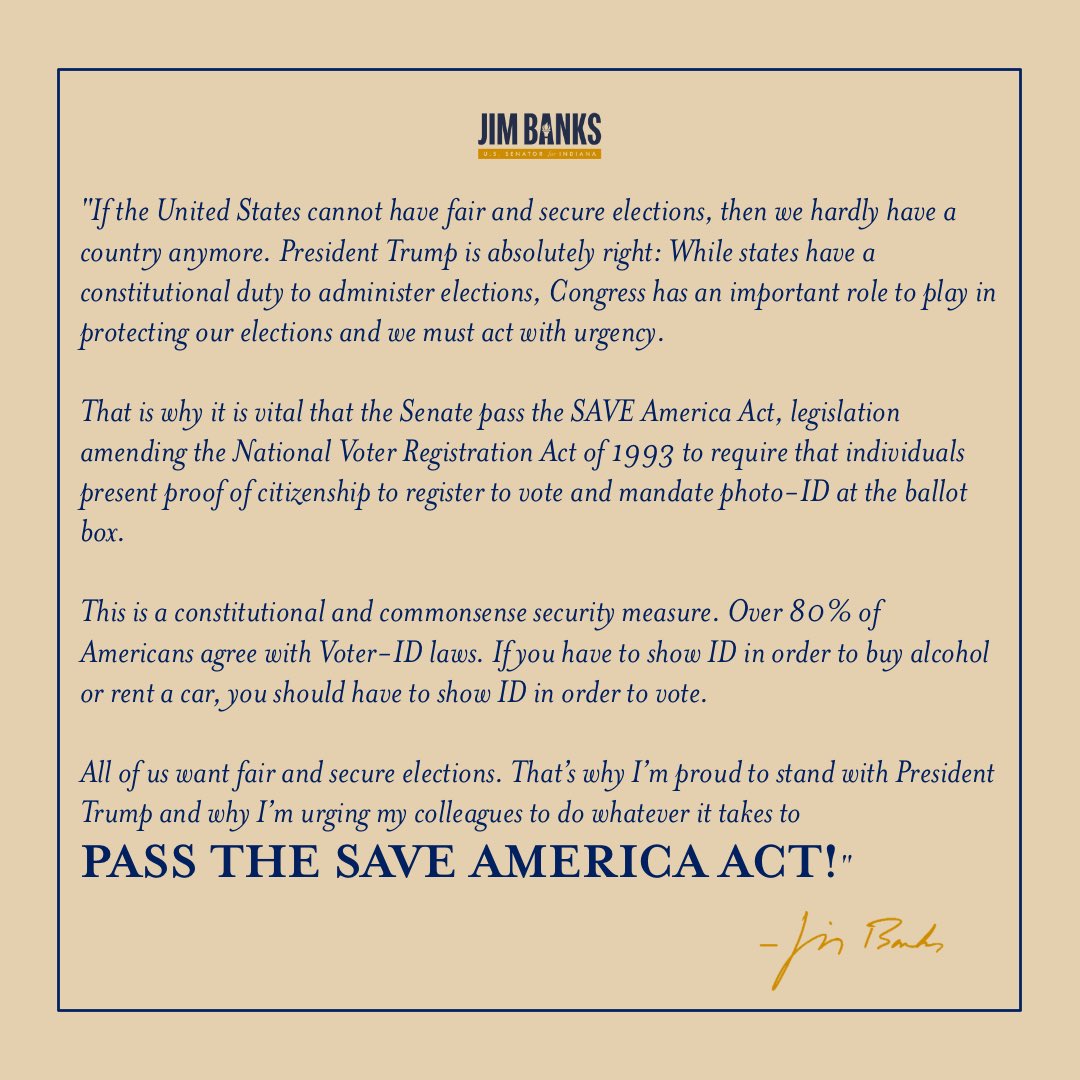 President Trump is right.

Congress must protect our federal elections.

The SAVE America Act will:
✅ Require proof of citizenship to vote
✅ Require photo ID at the ballot box

The Senate must do whatever it takes to get this passed. 

My full statement ⬇️