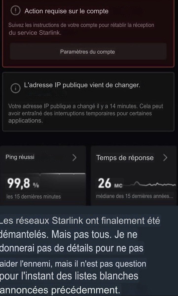 🇺🇦🇷🇺 Les Russes se plaignent d’un plantage général de Starlink sur le front !

Fedorov avait annoncé qu’il s’était entendu avec SpaceX pour que les Russes n’y aient plus accès.

Désormais, il faut passer par une vérification.

Un coup énorme aux dronistes russes !

Excellent ! 🇺🇦
