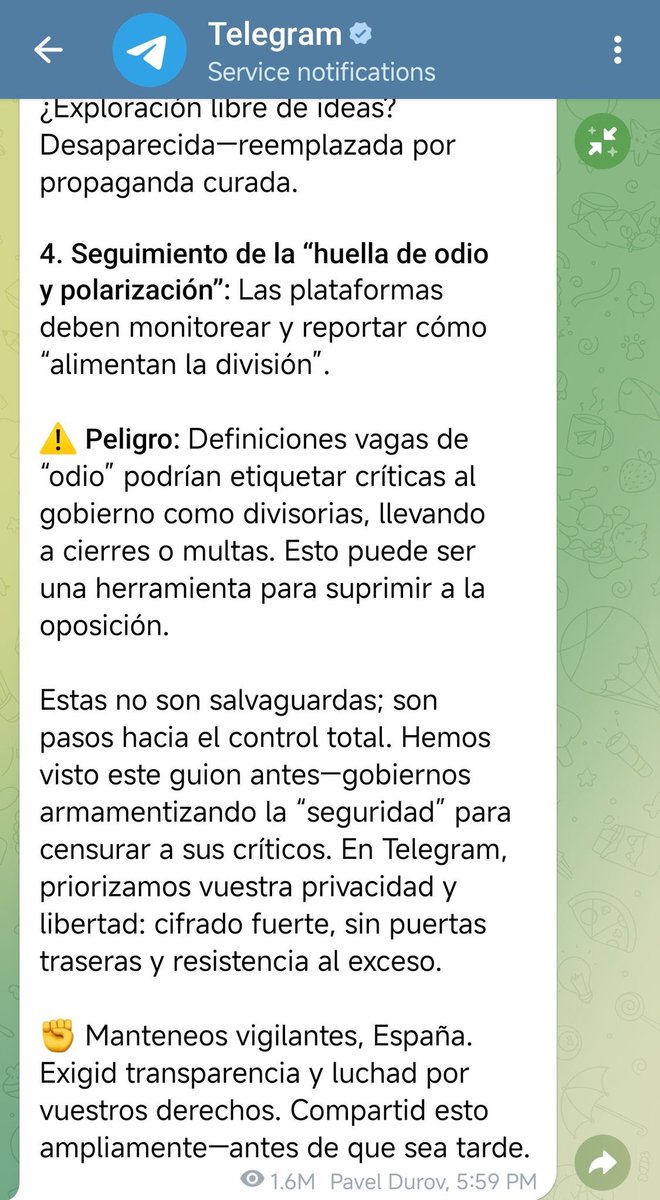 bertopeuve's tweet image. El mensaje que acaba de enviar Telegram es una absoluta verguenza y da miedo

Señores, que quieren callar la boca y hasta sancionar a todo el que critique al Gobierno, que te van a querer censurar y multar por quejarte de que se gasten el dinero en putas

QUE NO PUEDEN HACER ESTO