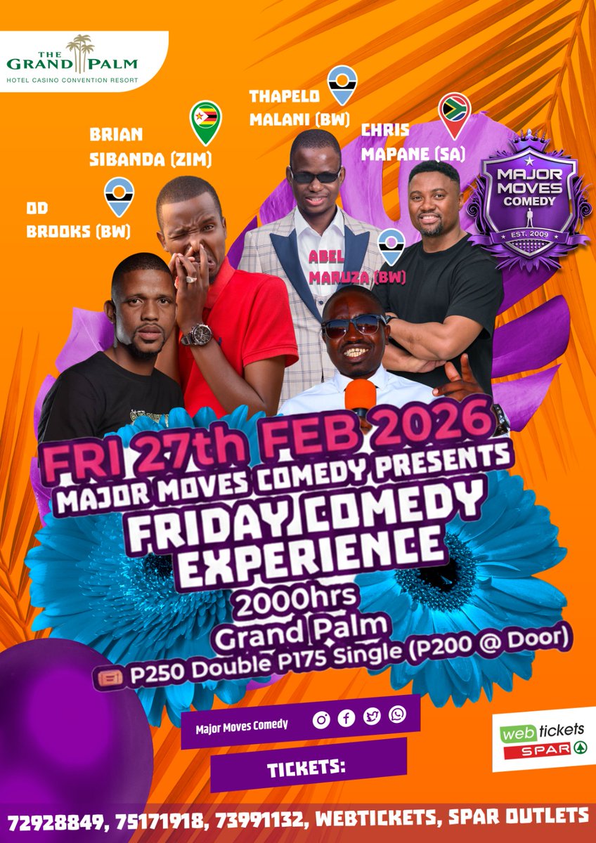 🎤 Friday Comedy Experience – feat: <a href="/ChrisMapane/">Chris Mapane</a> 🇿🇦 <a href="/thapelomalanibw/">Thapelo Malani</a> 🇧🇼 <a href="/briansibandacnc/">CryptoandComedy - with 'ExtraCheese Guzman'</a> 🇿🇼 <a href="/AbelMaruza/">Maruza Abel Spear</a> 🇧🇼 OD Brooks 🇧🇼
📅 Fri 27th Feb
📍 Grand Palm 
🎟️ P175 Single | P250 Double
🎫 Get your tickets now 👉 Webtickets &amp; Spar Outlets 72828849 • 75171918 • 73991132
<a href="/MajorMovesBW/">IG: majormovesbw</a>