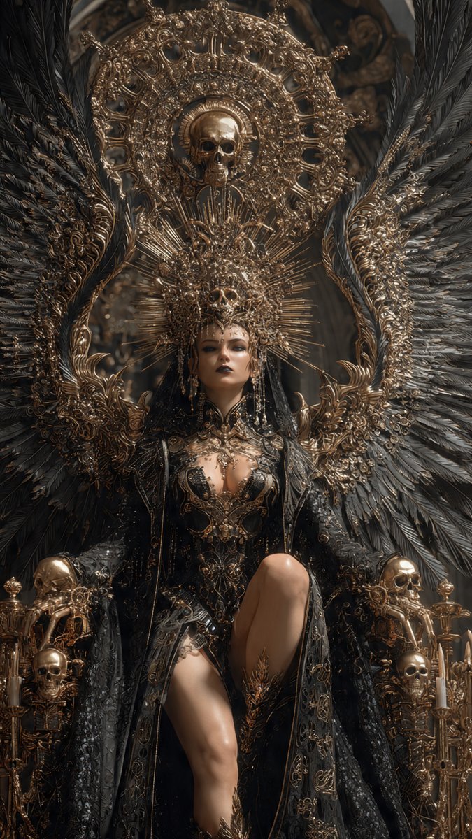 Prompt Share:A majestic dark gothic-futuristic queen, ethereal yet menacing, seated on an intricate throne of skulls and blackened iron, surrounded by floating candles and ominous shadows, massive metallic golden-black wings spread wide behind her, sharp angelic yet demonic wing