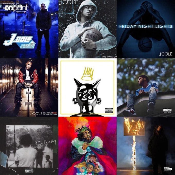 The overarching story of J. Cole’s discography:

▫️The Come Up - the beginning, moving to NY
▫️The Warm Up - preparing for the game to start metaphorically
▫️Friday Night Lights - the game begins, could be seen as his debut album
▫️Sideline Story - waiting to get off the