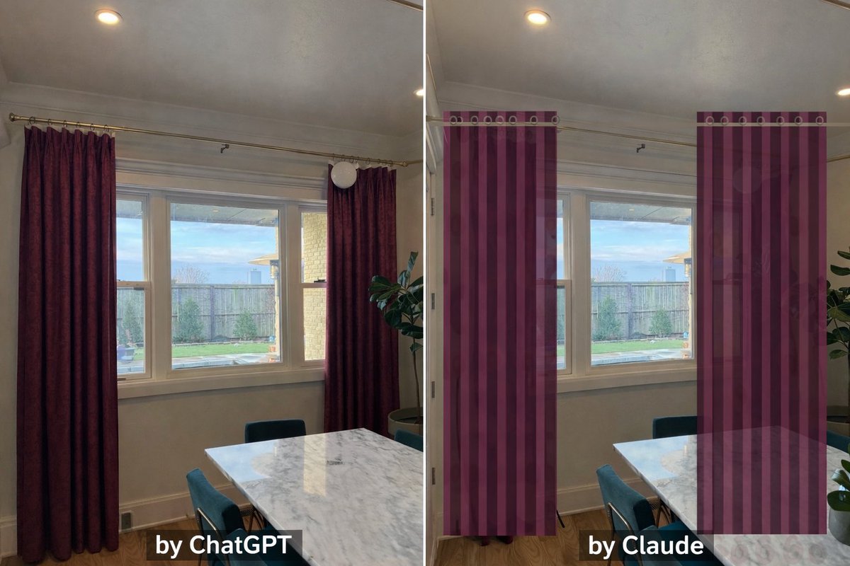 I have been raving about how great Claude is to my wife and encouraging her to start trying it out. She did a side-by-side for rendering curtains, and this is the comparison. 🤦🏼‍♂️