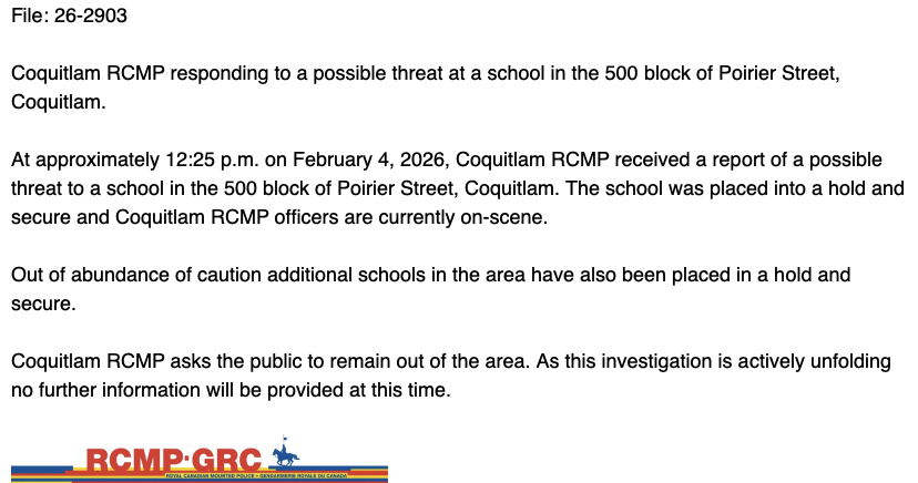 bobmackin's tweet image. What is going on at Centennial Secondary in Coquitlam? Security lockdowns on Jan. 28 and today. #bced #bcpoli