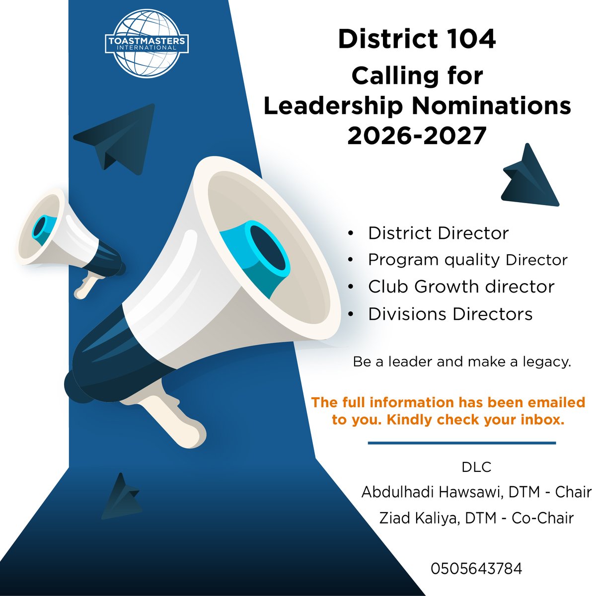 District104TI's tweet photo. Second   Reminder

The   nomination for District 104 leadership positions is still open to all   members.

The deadline for nomination is March 1, 2026.

DLC Chair
Abdulhadi   Hawasawi, DTM https://t.co/yvHHFNozIj