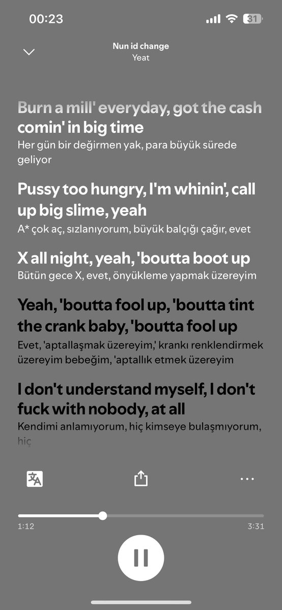 spotifya gelen özelliğe bak çeviri bok gibi ama iyi iyi gelişir.. almanca dinlerken çeviri/genius arası mekik dokuyorduk aq