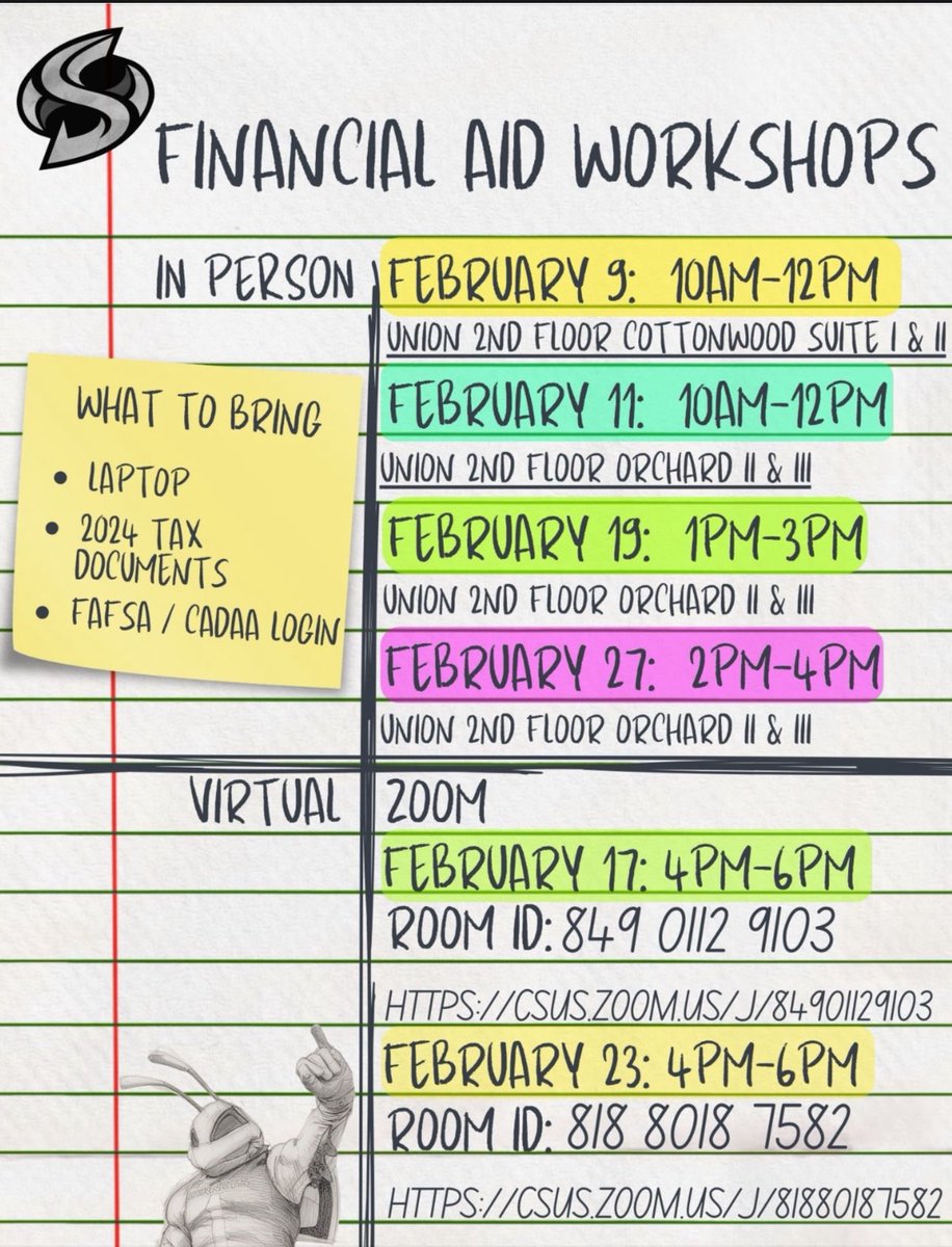 Calling all Hornets! 📣🐝 

Scholarships workshops are still happening! Learn application tips and tricks and attend a Q&amp;A session with staff!

Need some help with financial aid? 💸 Join a workshop! Workshops begin February 9th!