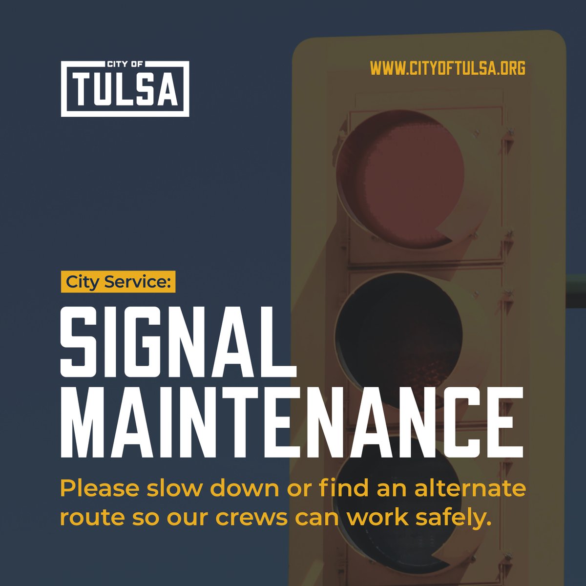 cityoftulsagov's tweet photo. Tulsa drivers, please watch for signal repairs in your area as the City is currently working on traffic signal repairs at two locations.
 
The first is at 71st & Granite, where crews have made repairs and replaced equipment, and are now working with PSO to resolve a possible power issue. The signal may continue flashing on and off as power fluctuates.
 
The second is at 7th & Elgin, where a failure in underground wiring has been identified and the signal has placed into flashing operation until repairs can be made. The intersection should be treated as an all-way stop while the signal is flashing red.
 
Please use caution in these areas and remember that flashing red signals should be treated as stop signs. We appreciate your patience as crews work to restore full signal operation.